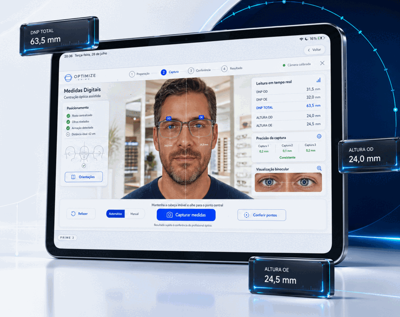 Centragem digital do Optimize: medição de DNP e altura pela câmera.