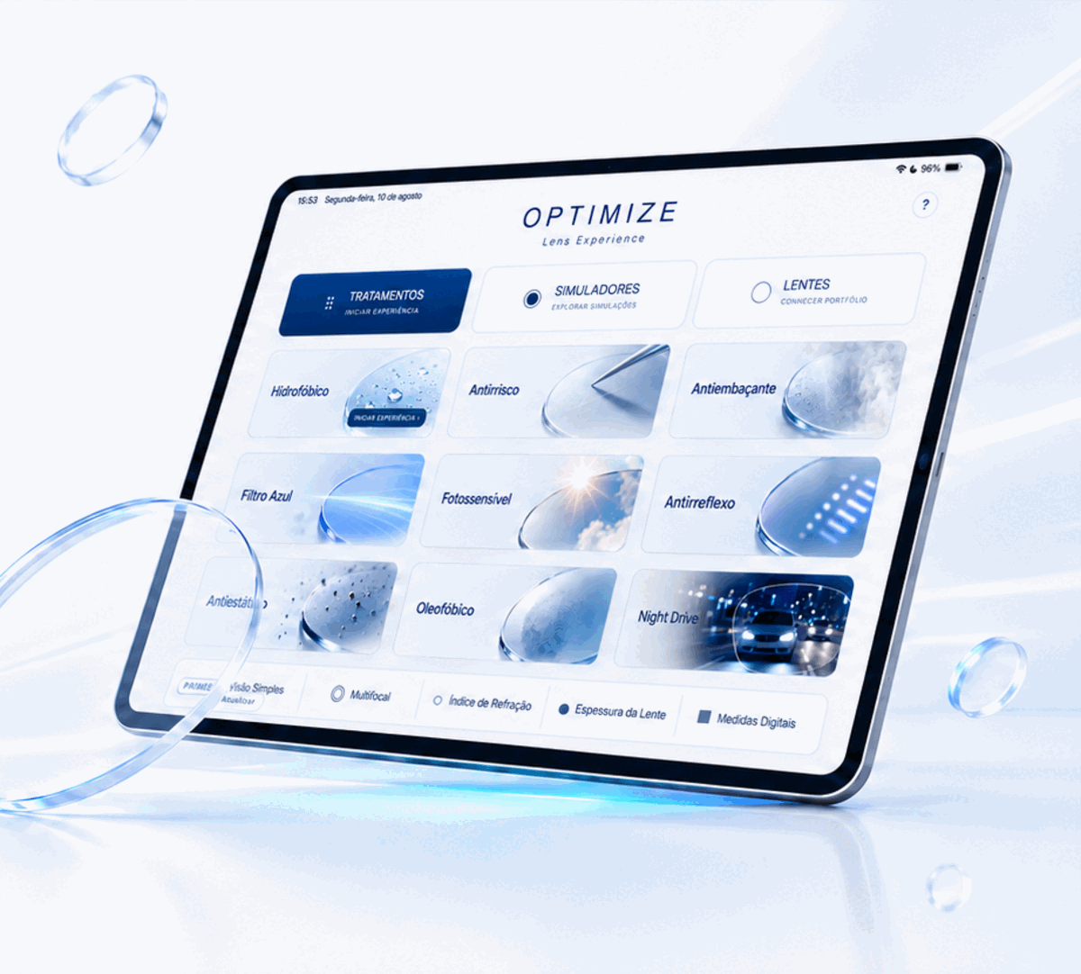 Demonstrador de lentes do Optimize no tablet, mostrando o efeito de um tratamento na lente.