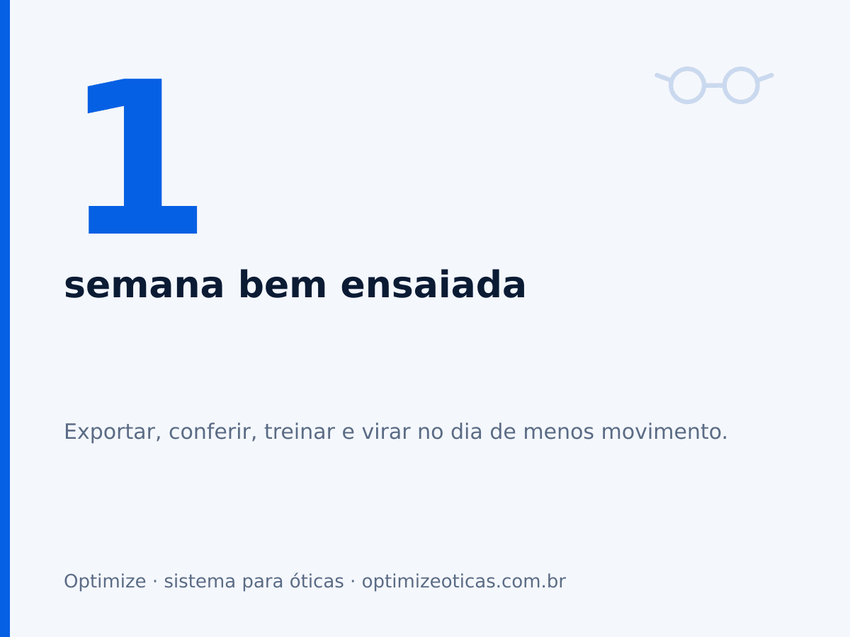 1 semana bem ensaiada. Exportar, conferir, treinar e virar no dia de menos movimento.
