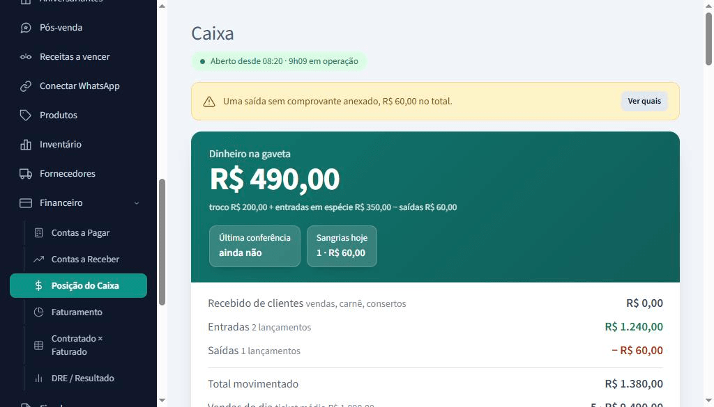 Posição do caixa de uma ótica com dinheiro na gaveta, entradas, saídas, sangrias e vendas do dia.