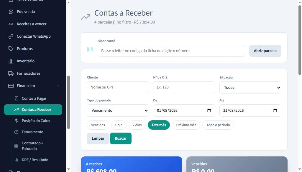 Tela de contas a receber de uma ótica com leitor de carnê, parcelas a receber, vencidas e filtros por período.