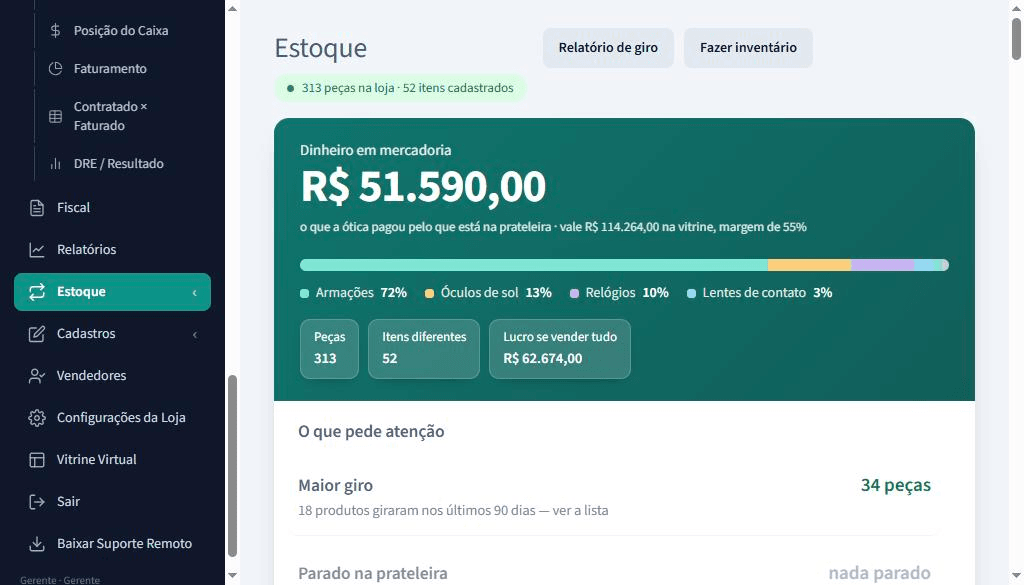 Tela de estoque de uma ótica mostrando dinheiro em mercadoria, divisão entre armações, óculos de sol, relógios e lentes de contato.