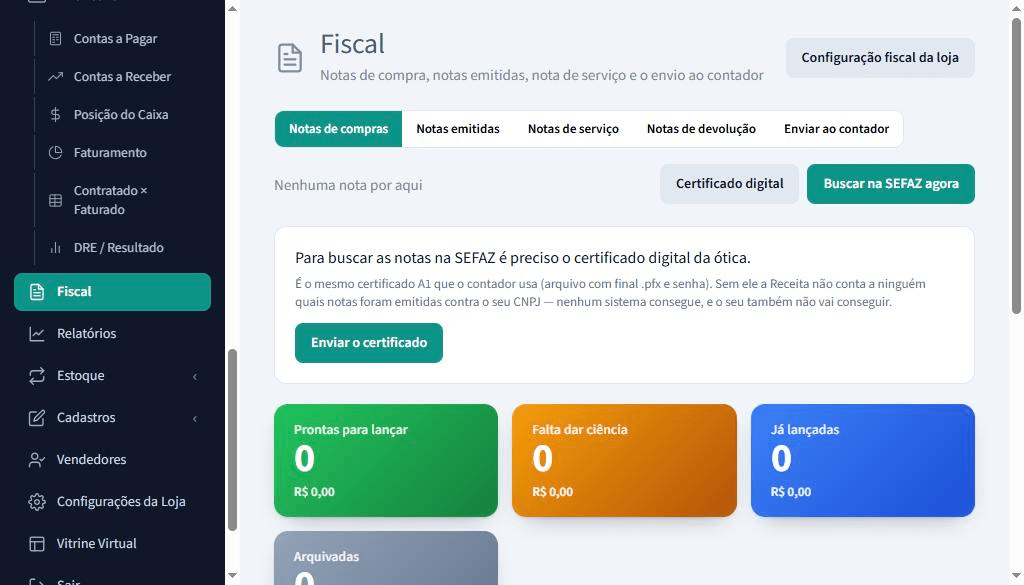 Aba de notas de compra buscando na SEFAZ as notas emitidas contra o CNPJ da ótica.
