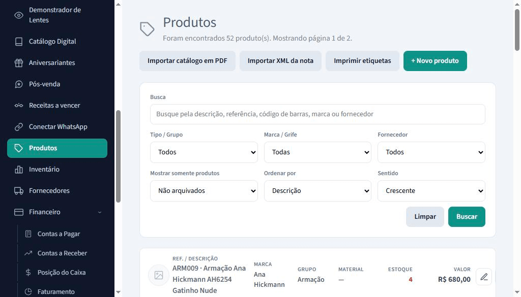 Cadastro de produtos de uma ótica com referência, marca, grupo, material, estoque e valor de cada armação.