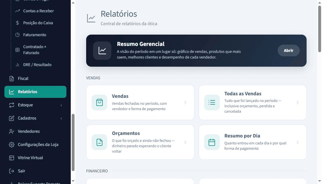 Central de relatórios de uma ótica com resumo gerencial, vendas, orçamentos e resumo por dia.