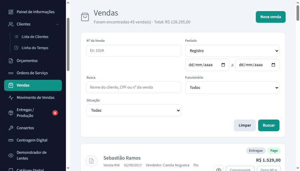 Tela de vendas de uma ótica com valor total, filtros por período e vendedor e a lista das vendas do mês.